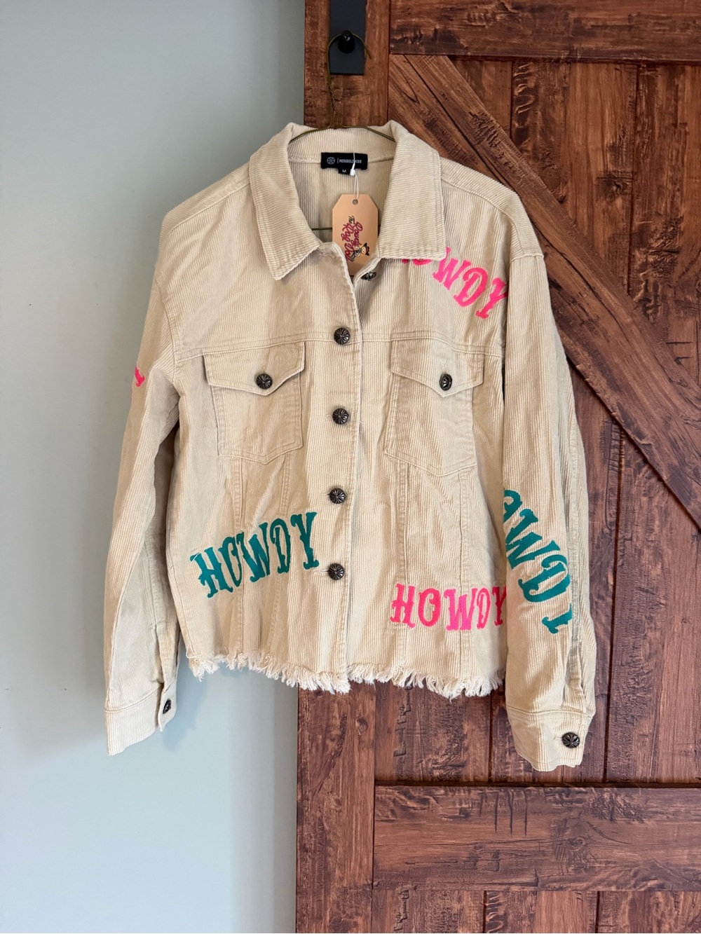 Corduroy Graphic Jean Jacket in Beige with Pink & Teal Accents